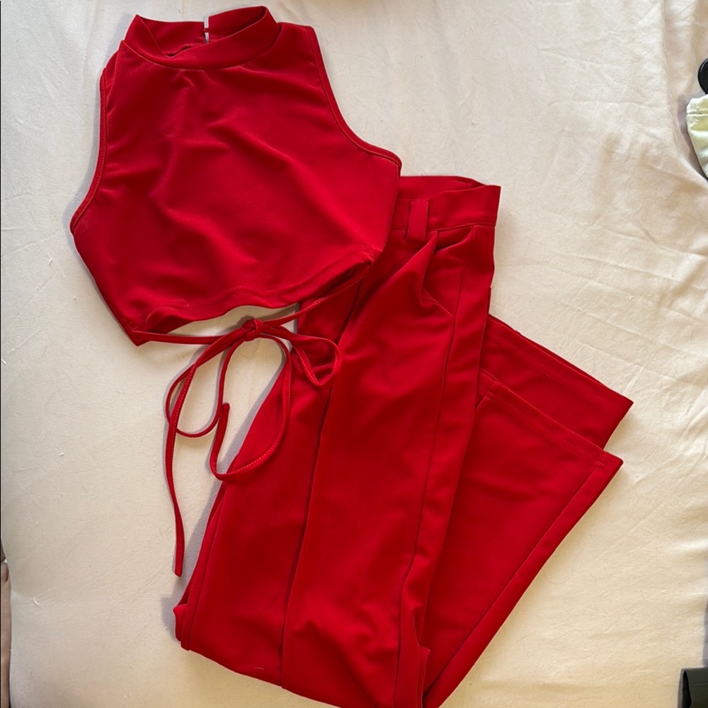SHEIN Red Jumpsuit with Plush Fabric and Tie Details